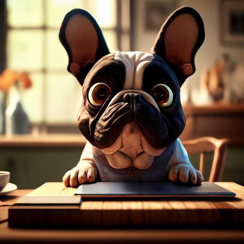 French Bull dog sat with laptop