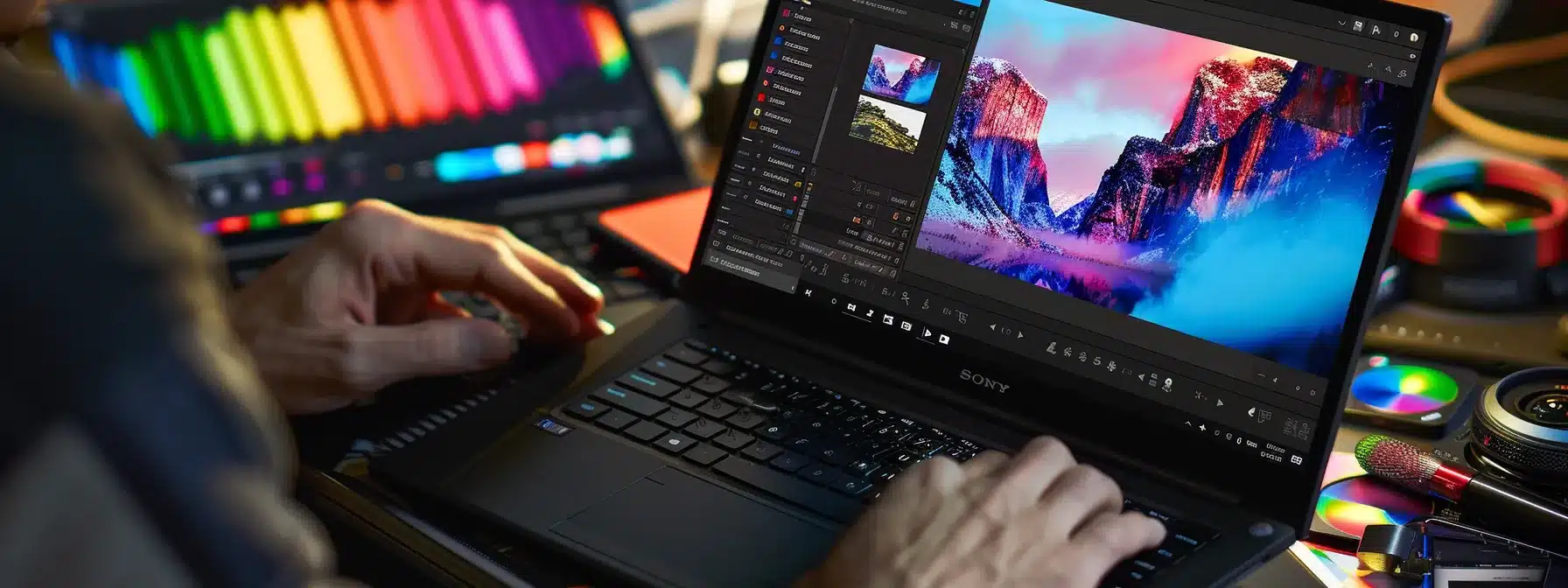 a designer carefully adjusting colour contrast on a laptop screen to ensure optimal readability for all users.