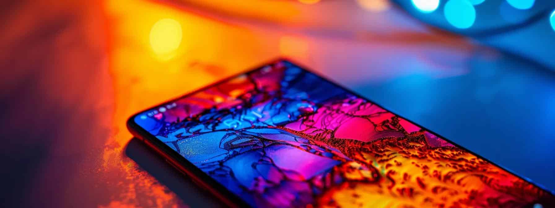 a close-up shot of a smartphone screen displaying a beautifully optimised website image with vibrant colours.