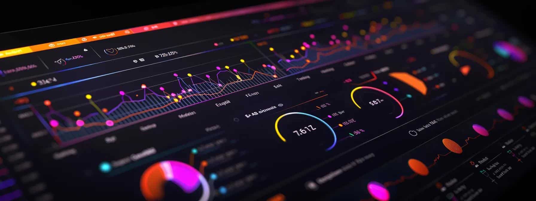 a digital analytics dashboard displaying keyword performance metrics with colourful graphs and charts.
