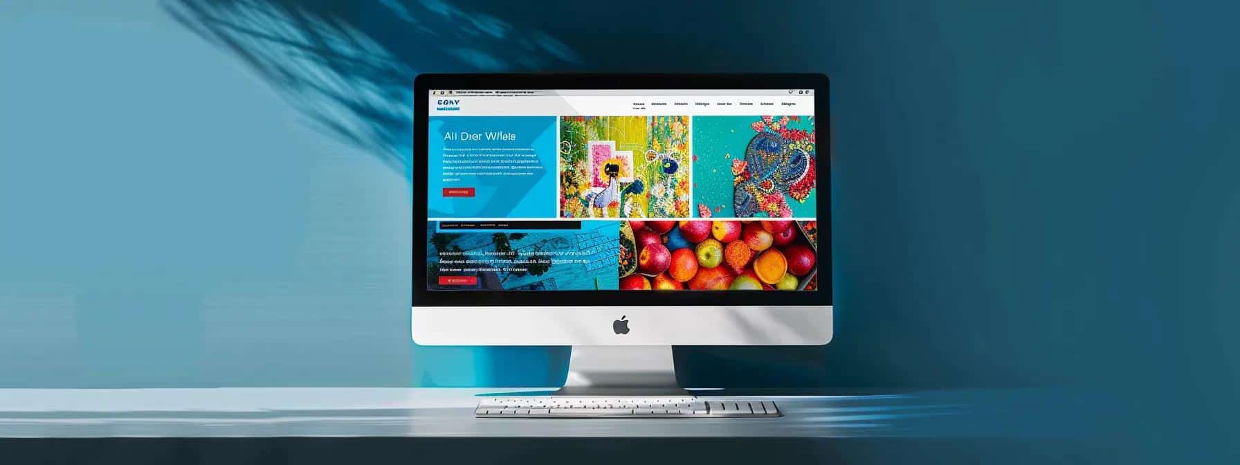 a vibrant, eye-catching image of a computer screen displaying a website with visually appealing graphics overlaid with strategically placed primary keywords.