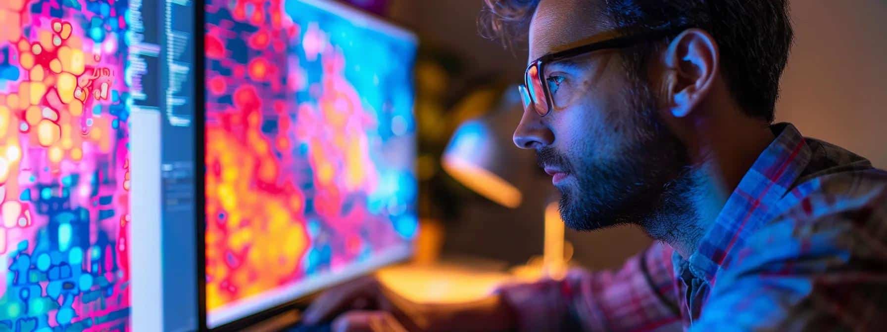 a web designer examining a heatmap analysis on a computer screen, revealing user interaction patterns with vibrant colours.