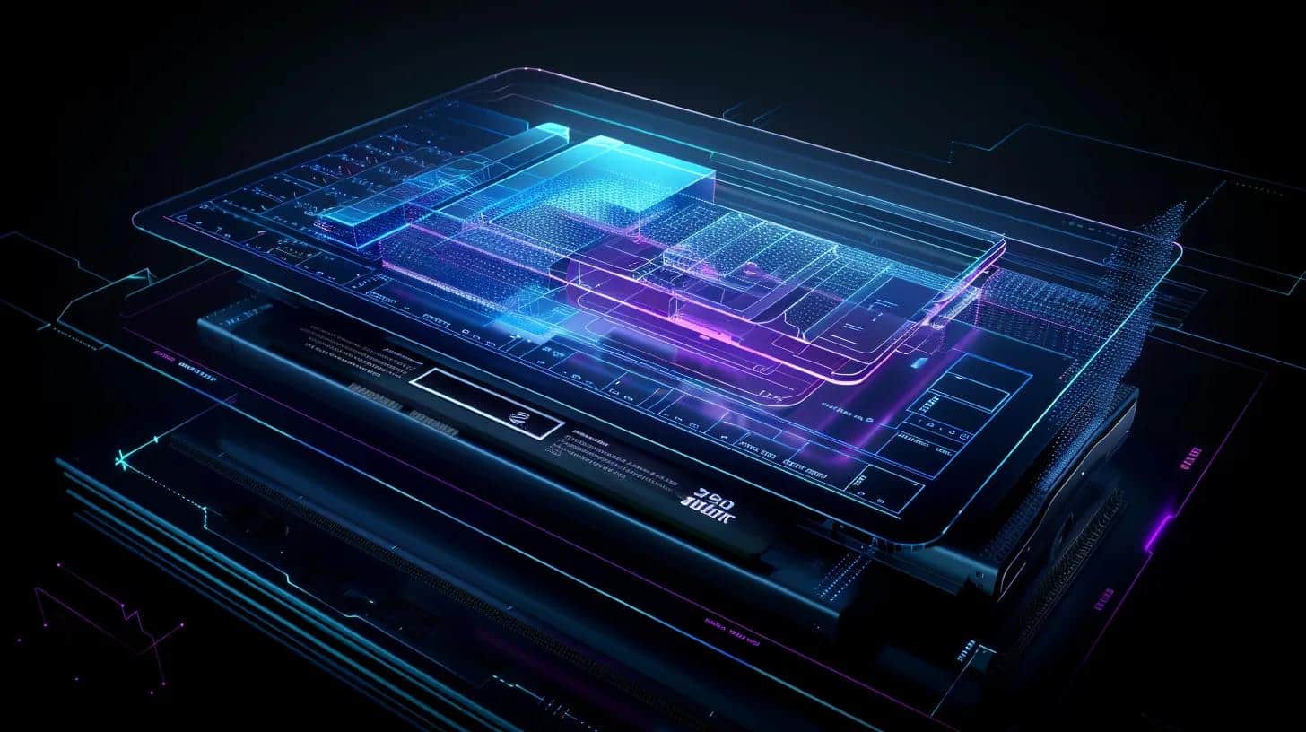 a sleek digital interface displaying a visual representation of website caching strategies, featuring layered components symbolising cache hierarchy and efficiency, illuminated by a soft blue glow that conveys optimisation and performance.