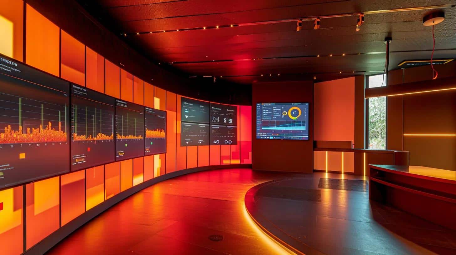 a visually striking scene of a modern web management workspace, featuring a large screen displaying dynamic graphs and analytics on cache performance, illuminated by soft, focused lighting that highlights the importance of optimising user experience.