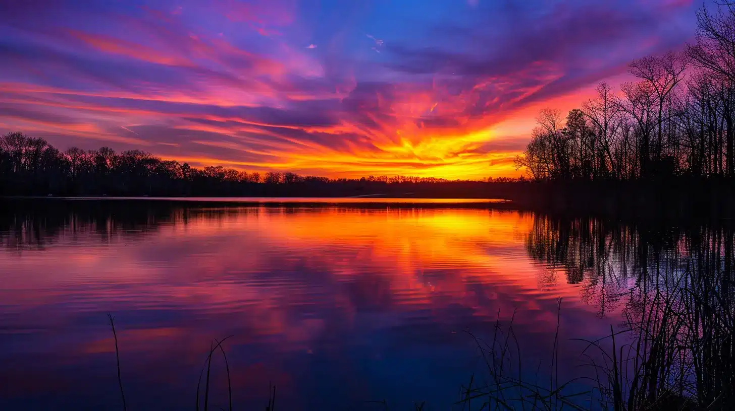 a breathtaking sunset casts a warm golden glow over a tranquil lake, reflecting vibrant hues of orange, pink, and purple in the calm water, evoking a sense of peace and serenity.