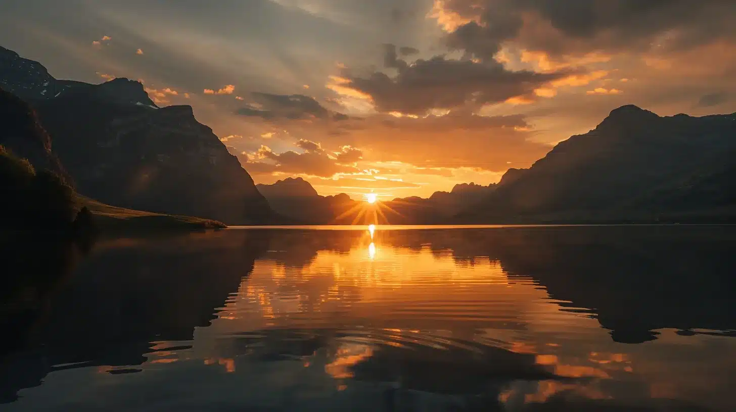 a breathtaking sunset casts a warm golden glow over a tranquil lake, surrounded by majestic mountains reflecting their silhouettes on the glassy water surface.
