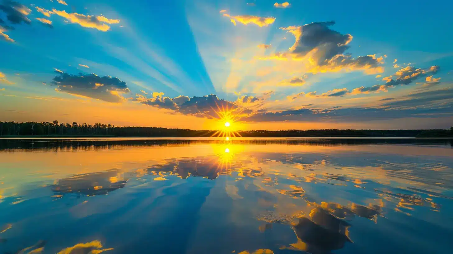 a vibrant sunset casts golden rays over a tranquil lake, reflecting the resplendent colors of the sky on the still water's surface.