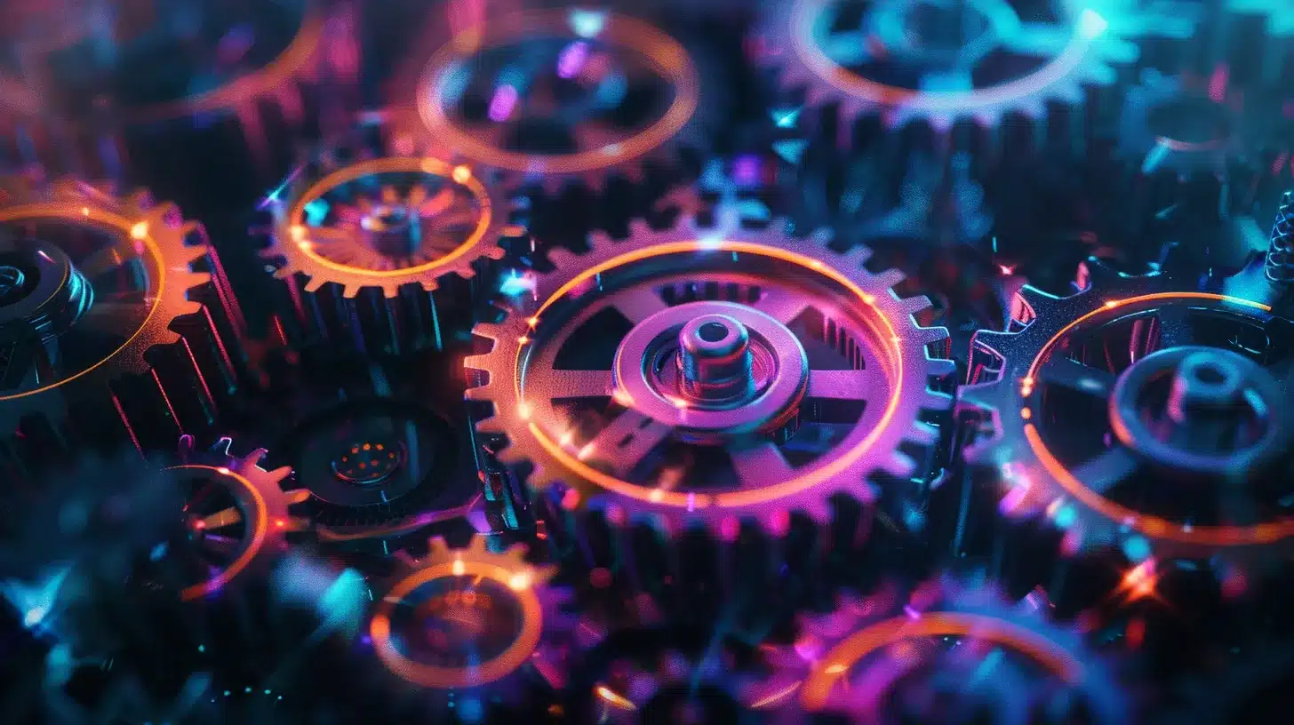 neon cogs on a dark background