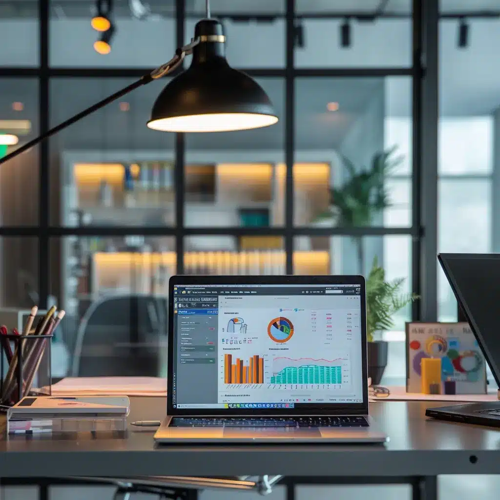 a modern office workspace showcases a sleek laptop open to a vibrant wordpress dashboard, surrounded by notes and colorful charts, emphasizing the pivotal role of seo plugins in digital strategy.
