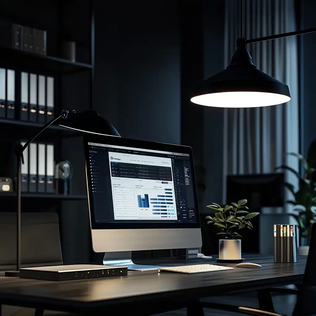 a sleek office workspace featuring a modern computer screen displaying a user-friendly interface of a wordpress backup plugin, illuminated by sharp, focused overhead lighting that highlights the professionalism and efficiency of digital backup solutions.