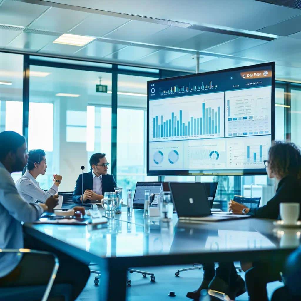 a focused office scene captures a diverse group of professionals engaged in an animated discussion around a sleek conference table, with a large screen displaying wordpress statistics and a breakdown of custom service rates prominently in the background.