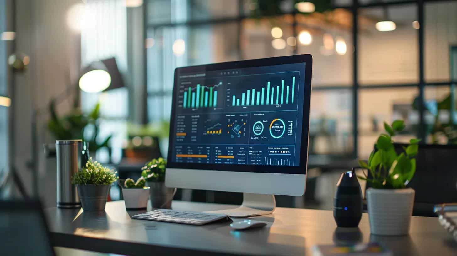 a modern office setting featuring a sleek computer monitor displaying intricate website migration analytics, surrounded by vibrant infographics and seo tools that convey a sense of advanced digital strategy and professionalism.