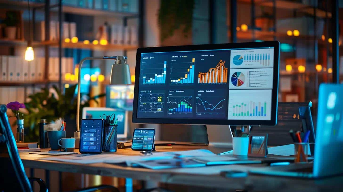 a sleek, modern office workspace features a large monitor displaying a complex website migration dashboard, surrounded by notes and digital devices, illuminated by focused desk lighting to emphasise the meticulous pre-launch seo preparations.