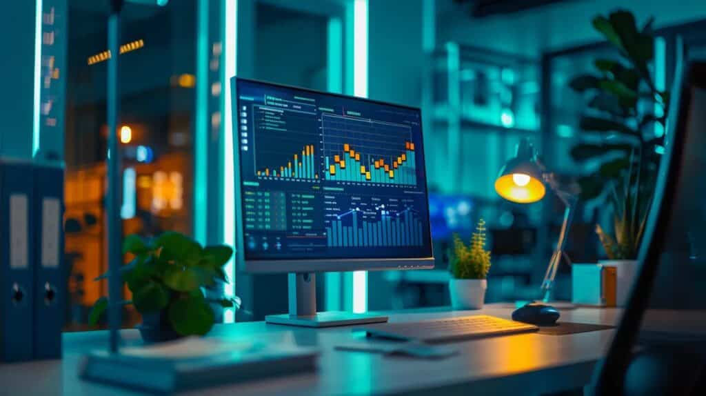 a sleek, modern office workspace features a large digital screen displaying vibrant graphs and analytics, symbolising the precision and strategy involved in executing successful seo migrations.