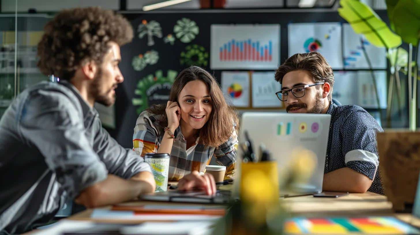 an engaged team collaborates in a modern office environment, examining a detailed digital migration plan on sleek laptops, surrounded by vibrant charts and graphs that illustrate successful seo strategies.